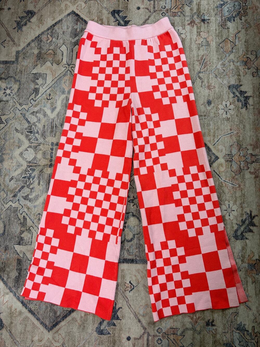 Ascot + Hart Checkerboard Knit Wide Leg Pants Women S Red Pink Sweater